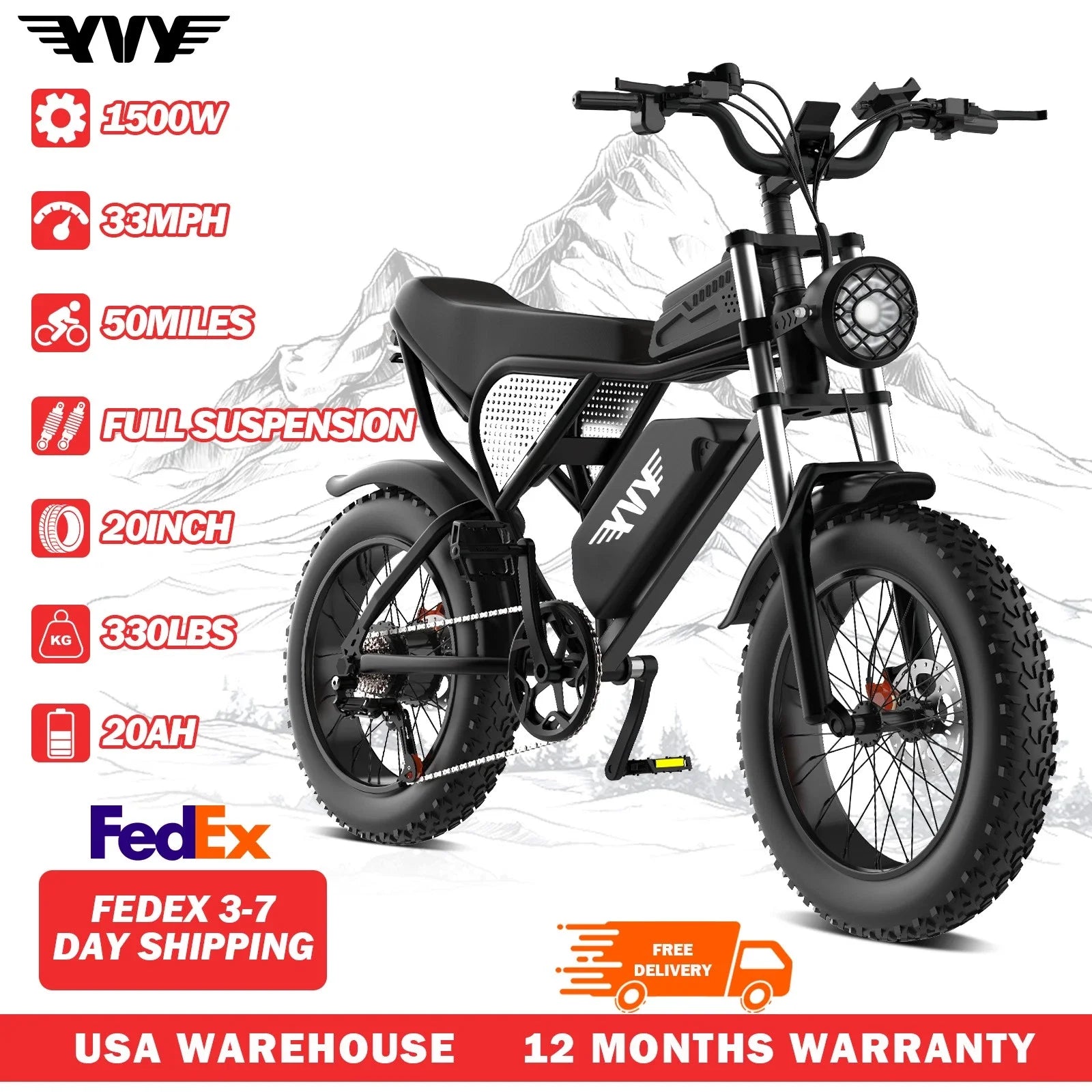 1500W 33MPH All-Terrain Fat Tire E-Bike
